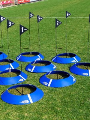 Fótbolta- og golfmörk, sett með 10 mörkum.