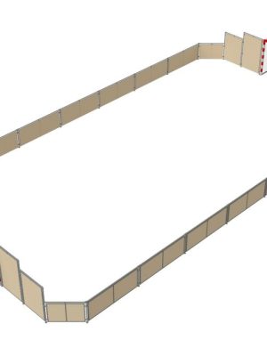 Fjölnotavöllur úr lerkiviði 19,5 x 10 metrar. Þar á meðal tvö fótboltamörk 200 x 300 cm.