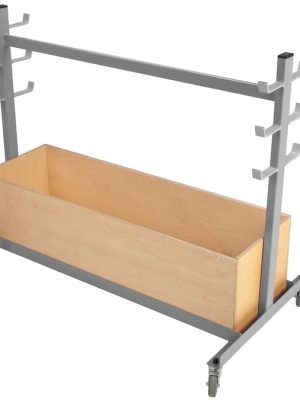 Flutningsvagn fyrir 3 sett af blak- og tennisstuðningum. Innifalinn er trékassi.