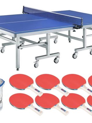 Borðtennisskólasett, 1 borð, 1 net, 8 kylfur og 100 boltar.