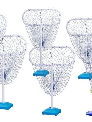 Frisbígolfsett með 6 diskagolfkörfum og 3 mismunandi frisbíkúlum.