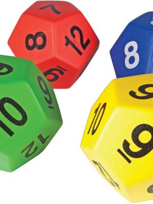 Teningasett með 12 hliða tölum, samanstendur af 4 teningum.