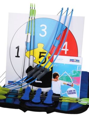 Örvar og bogfimisett fyrir börn, 3 manns, 3 bogar, 9 örvar og 1 tvíhliða skotmark.