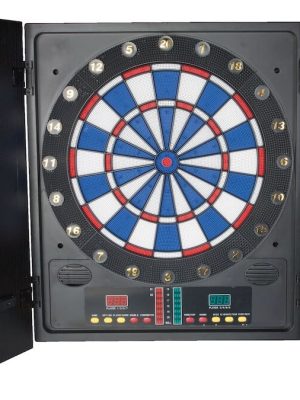 Rafræn pílukastafla í skáp. Innifalið eru pílur og aukaoddar.