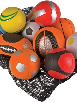 Mjúkboltasett með 12 hlutum. Ýmsir íþróttaboltar, u.þ.b. 10 cm í þvermál.