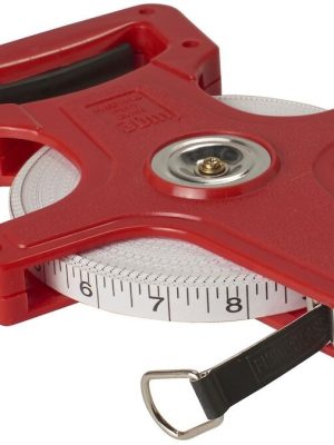 Mæliband á gaffli, 30 metrar. Mælir bæði í cm og tommum.