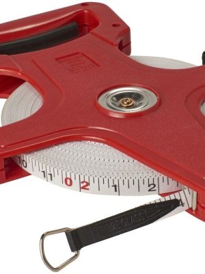 Mæliband á gaffli, 50 metrar. Mælir bæði í cm og tommum.