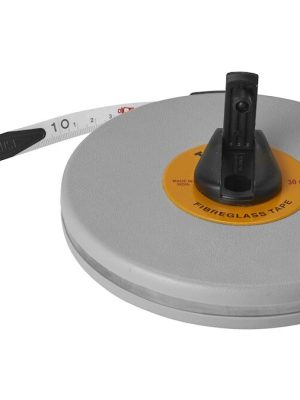 Mæliband í hylkishylki, 30 metrar. Mælir bæði í cm og tommum.