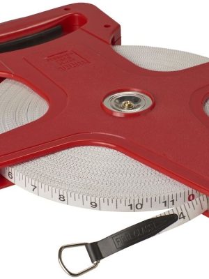 Mæliband á gaffli, 100 metrar. Mælir bæði í cm og tommum.