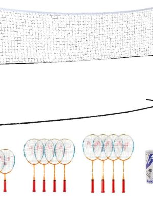 Badmintonsett með netstandi, 12 spaða, 12 boltum og netstandi.