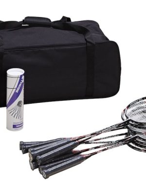 Badmintonsett Classic 10. Sett með 10 kylfum, 6 boltum og 1 poka.