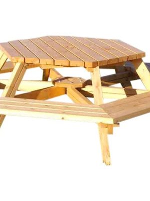 Borðbekkjasett, sexhliða, úr brúnlakkaðri furu