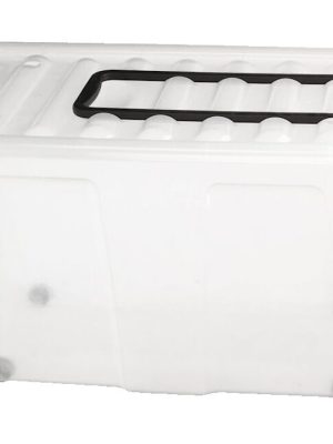 Plastkassi með loki og hjólum 70 lítrar, gegnsæ gerð