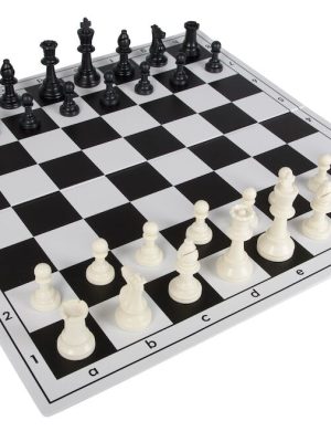 Skákspil með skákborði, skákpeðjum og geymslupoka